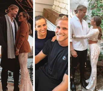 Couple embracing and smiling outdoors; casual and formal outfits in different settings.