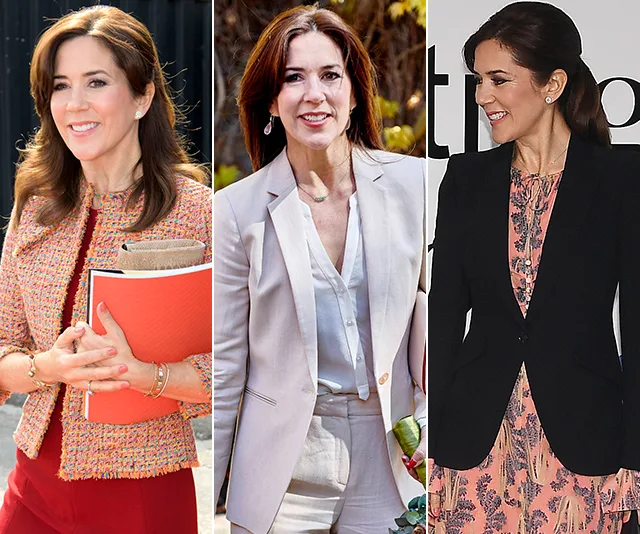 Three images of a woman in different outfits: red suit with documents, white suit outdoors, and floral dress with black blazer.
