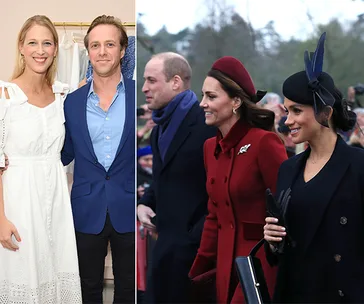 Two images: a smiling couple, and a procession with four people dressed formally outdoors.