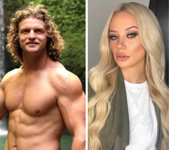 Man with curly hair and muscular build in nature setting, woman with long blonde hair and makeup in casual attire.