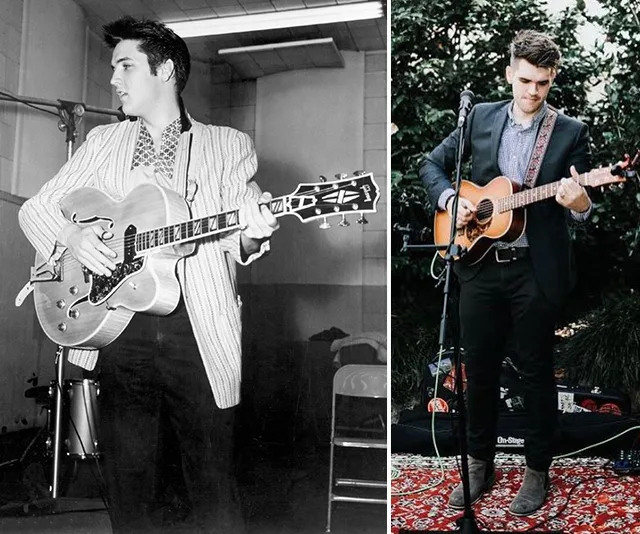 "Black and white image of Elvis Presley playing guitar, next to a modern color image of a man playing guitar outdoors."