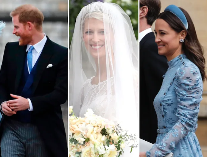 Royal wedding guests: a man in a suit, a bride with a veil, and a woman in a blue dress with a headband.