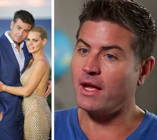 Two images: a man in a blue suit embraces a woman in a sparkly dress; a close-up of the man speaking.