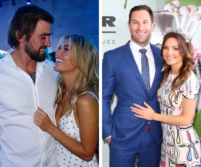 A collage featuring a couple in casual attire and another couple dressed formally, posing closely for the camera.