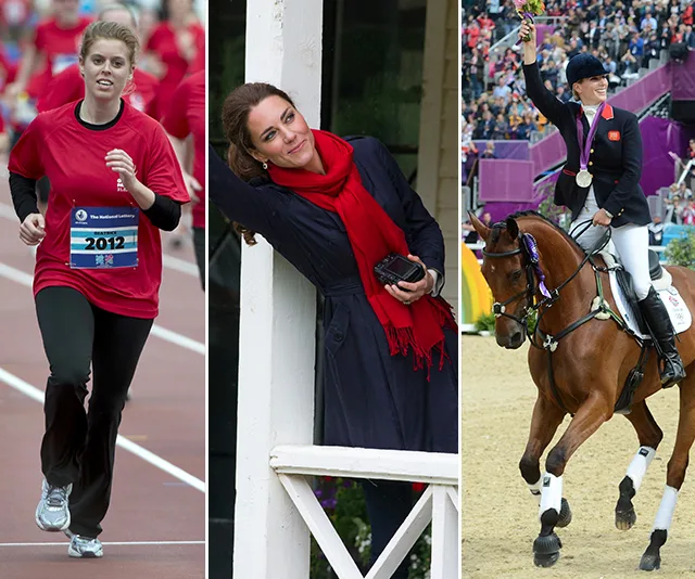 "Three women in various activities: running, posing with a scarf, and riding a horse in a competition."