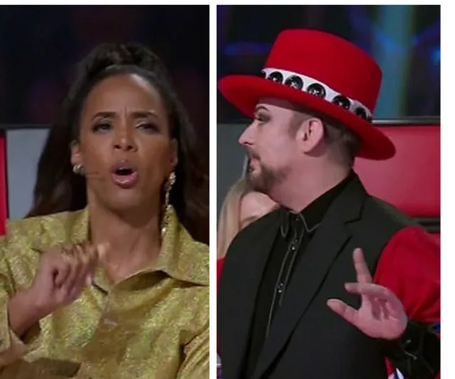Two judges on a talent show: one in a gold outfit talking, another in a red hat listening attentively.