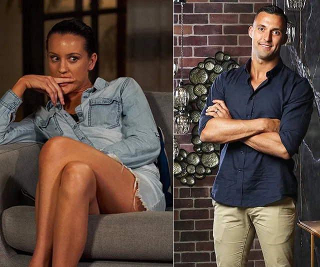 Couple from "Married at First Sight," woman in denim shirt on a couch, man in black shirt standing with arms crossed.