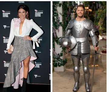 Two individuals: one in a stylish outfit with ruffled skirt, the other in full knight's armor holding a helmet and sword.
