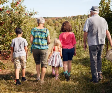 Family walking together in an orchard, with two children and grandparents among rows of apple trees on a sunny day.