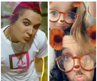 Left: Man with pink hair, white shirt; Right: Man and child with bear face filter and glasses.