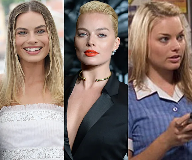 Margot Robbie in three phases: smiling in white, in a black outfit with red lipstick, and in a school uniform.