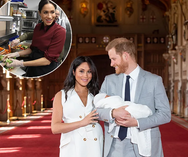 Family with a baby, father in a suit, mother in white; inset of woman in kitchen preparing food.