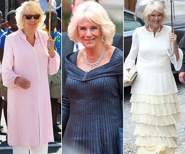 Camilla Parker Bowles in three elegant outfits: pink tunic, navy blue dress, and white layered dress with umbrella.