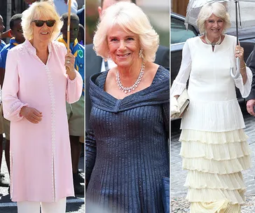 Camilla Parker Bowles in three elegant outfits: pink tunic, navy blue dress, and white layered dress with umbrella.