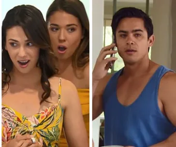 Three shocked people from a scandal scene, two women on the left with surprised expressions, a man on the right on the phone.