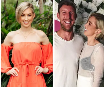 Woman in orange dress outdoors; same woman smiling with man in white shirt indoors with flower backdrop.
