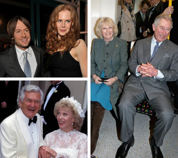 Three couples in formal and casual attire, smiling in different settings.