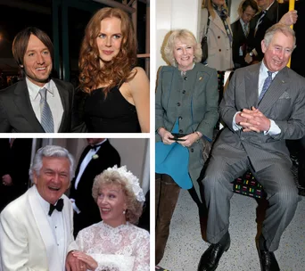 Three couples in formal and casual attire, smiling in different settings.