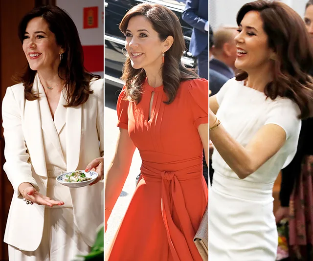 Three images of a woman in stylish outfits: a cream suit, a red dress, and a white dress, smiling in various settings.