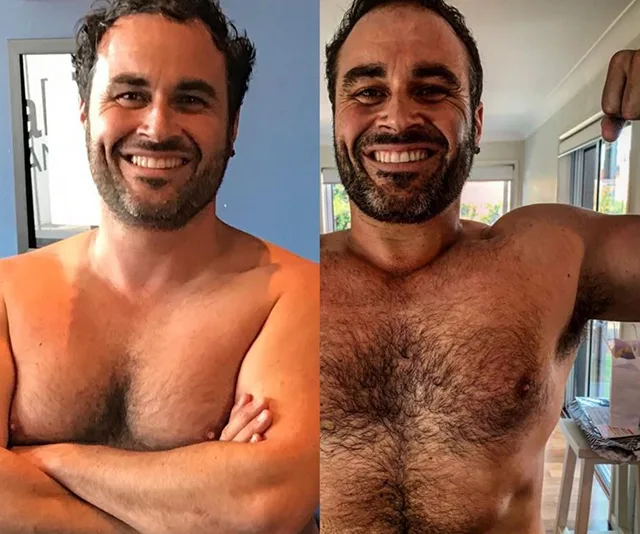 "Side-by-side comparison of a smiling man before and after weight loss, showing improved muscle definition."