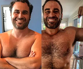 "Side-by-side comparison of a smiling man before and after weight loss, showing improved muscle definition."