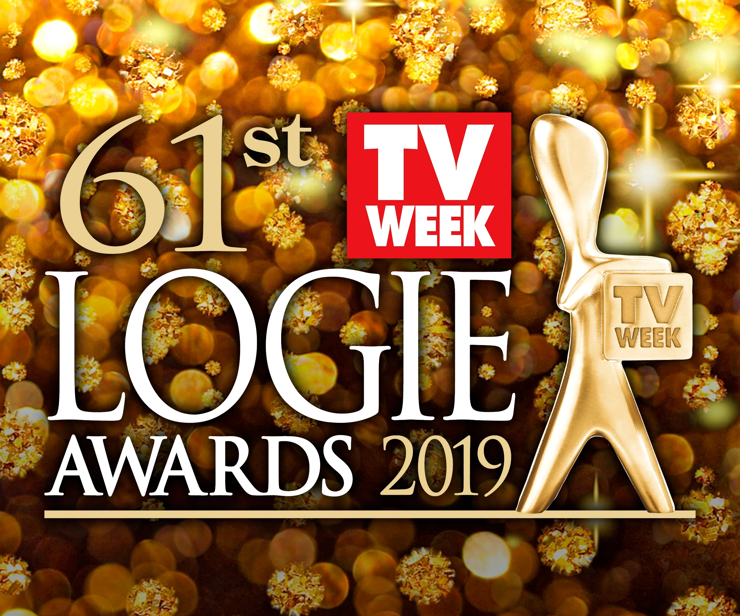 61st Logie Awards 2019 logo with golden statuette and TV Week text on a sparkling gold background.
