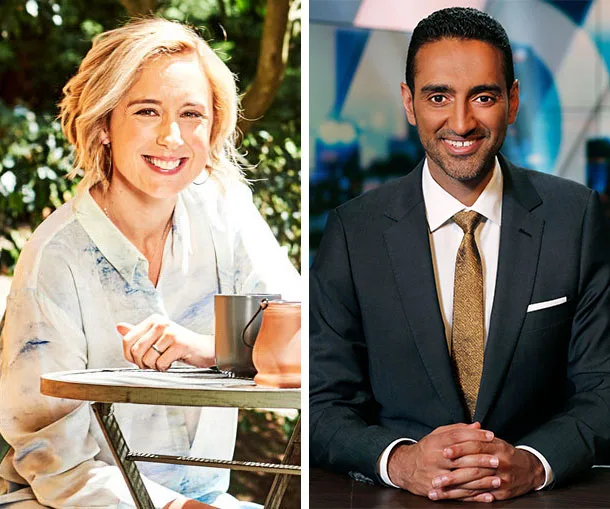 Two Gold Logie nominees sit side by side; one outdoors at a table, the other indoors at a desk.