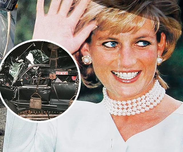 Princess Diana smiling and waving, inset shows a damaged car from her tragic accident.