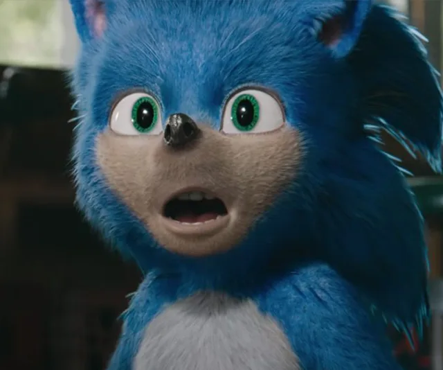 Sonic the Hedgehog with a surprised expression from the initial 2019 movie design, later changed before release.