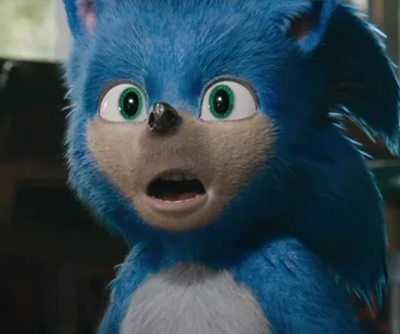 Sonic the Hedgehog with a surprised expression from the initial 2019 movie design, later changed before release.