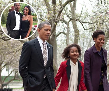 Barack Obama walks with his family; inset shows a couple in prom attire, featuring a young woman in a black dress.