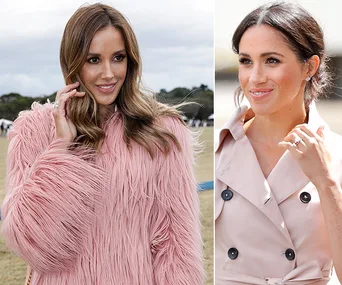 Two women are pictured: one in a pink fur coat outdoors and another in a light trench coat with an updo hairstyle.