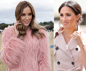 Two women are pictured: one in a pink fur coat outdoors and another in a light trench coat with an updo hairstyle.