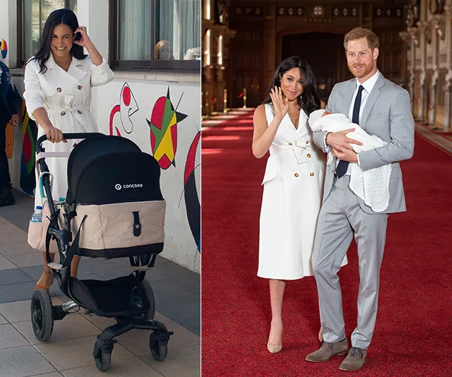 "Two women, one pushing a stroller, another in a white dress with a man holding a baby on a red carpet."