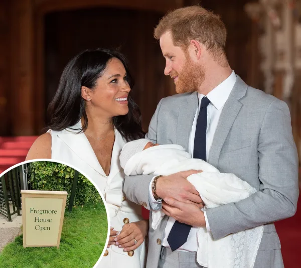 A couple smiling at each other while holding a baby, with a sign reading "Frogmore House Open" in an inset.