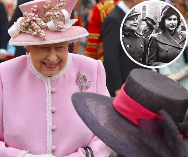 Queen in pink outfit and hat greets someone; inset shows her in military attire from a past era.