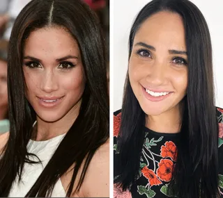 Two women with straight dark hair and bright smiles in side-by-side images.