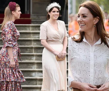 Two women in floral and cream dresses stand on steps; another woman smiles in a white blouse outdoors.
