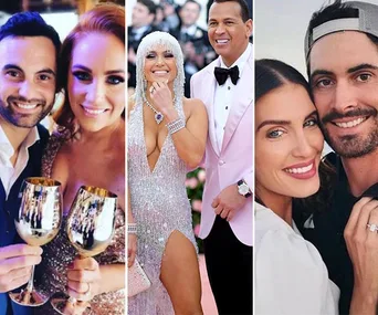 Couples smiling and posing at events, one holding champagne glasses, another at a formal event, and one showing an engagement ring.