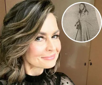 A woman smiling with a black dress, inset shows a historical photo of a similarly posed woman with a long dress and cane.