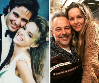 A couple's wedding photo beside a recent image of them smiling together.