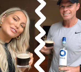 Split image of two people smiling, each holding a drink, with a zigzag line dividing them.
