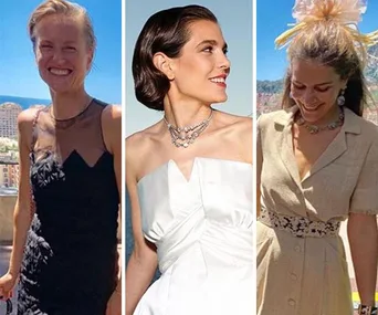 Women in elegant dresses with scenic backgrounds, featuring varied hairstyles and jewelry.