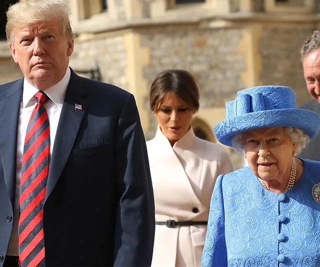 Former US President Donald Trump, Melania Trump, and Queen Elizabeth II at Windsor Castle during a state visit.