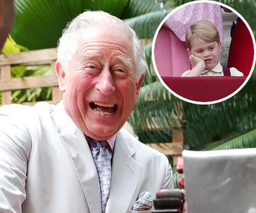 Prince Charles laughing with an inset of a young boy looking bored.