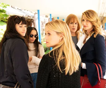 A group of women from "Big Little Lies" Season 2 standing together, looking serious.