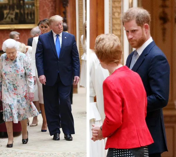 Royal figures in formal wear at Buckingham Palace with distinguished guests.