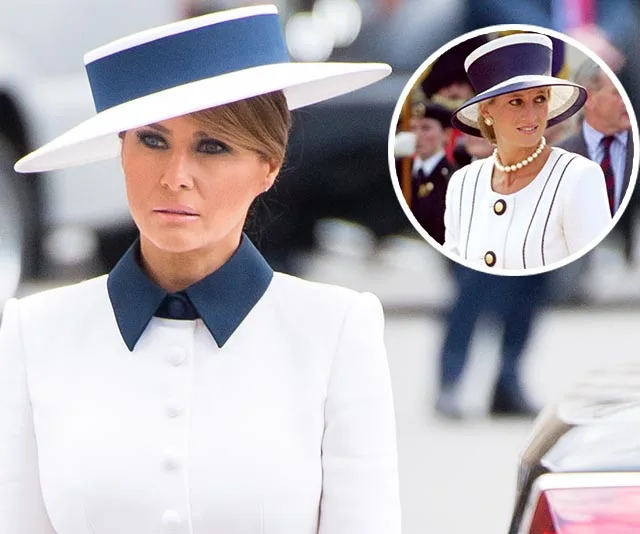 Melania Trump in white and navy outfit, inset of Princess Diana in similar attire with hat and pearls.