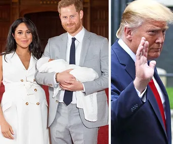 Couple holding a baby, dressed in formal attire, next to a man waving.