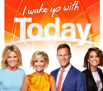 "Four TV hosts pose together under 'I wake up with Today' text on orange background."